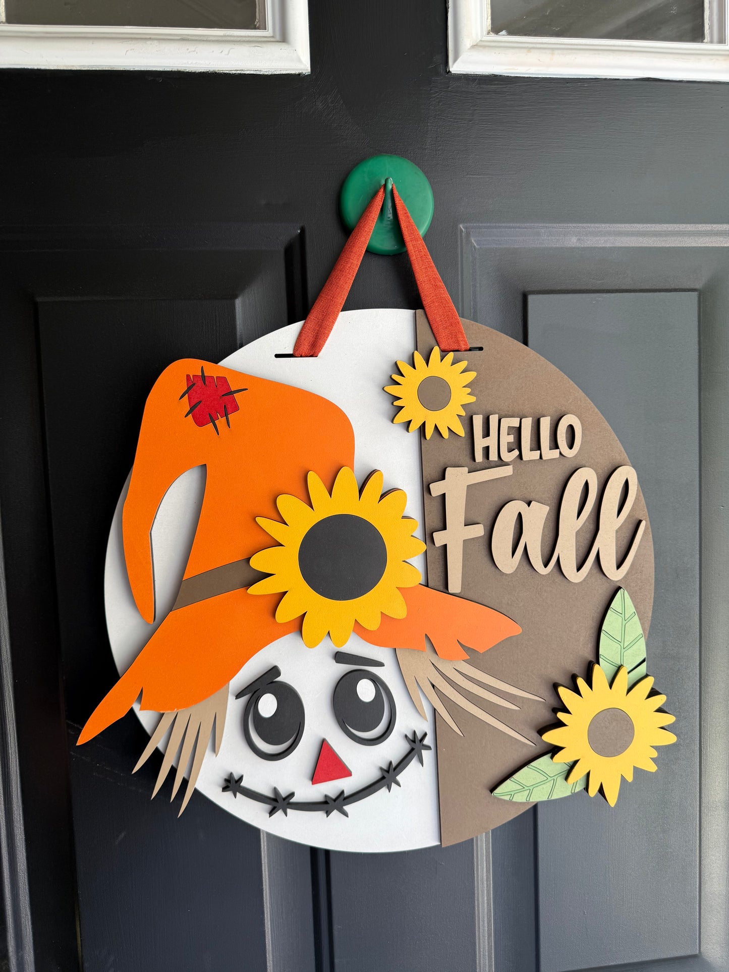 Hello Fall Scarecrow, Handmade 3D 16" Round Décor
