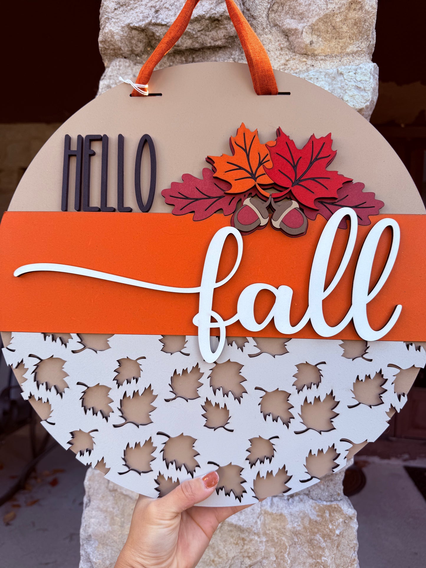 Hello Fall Leaves, Handmade 3D 16" Round Decor