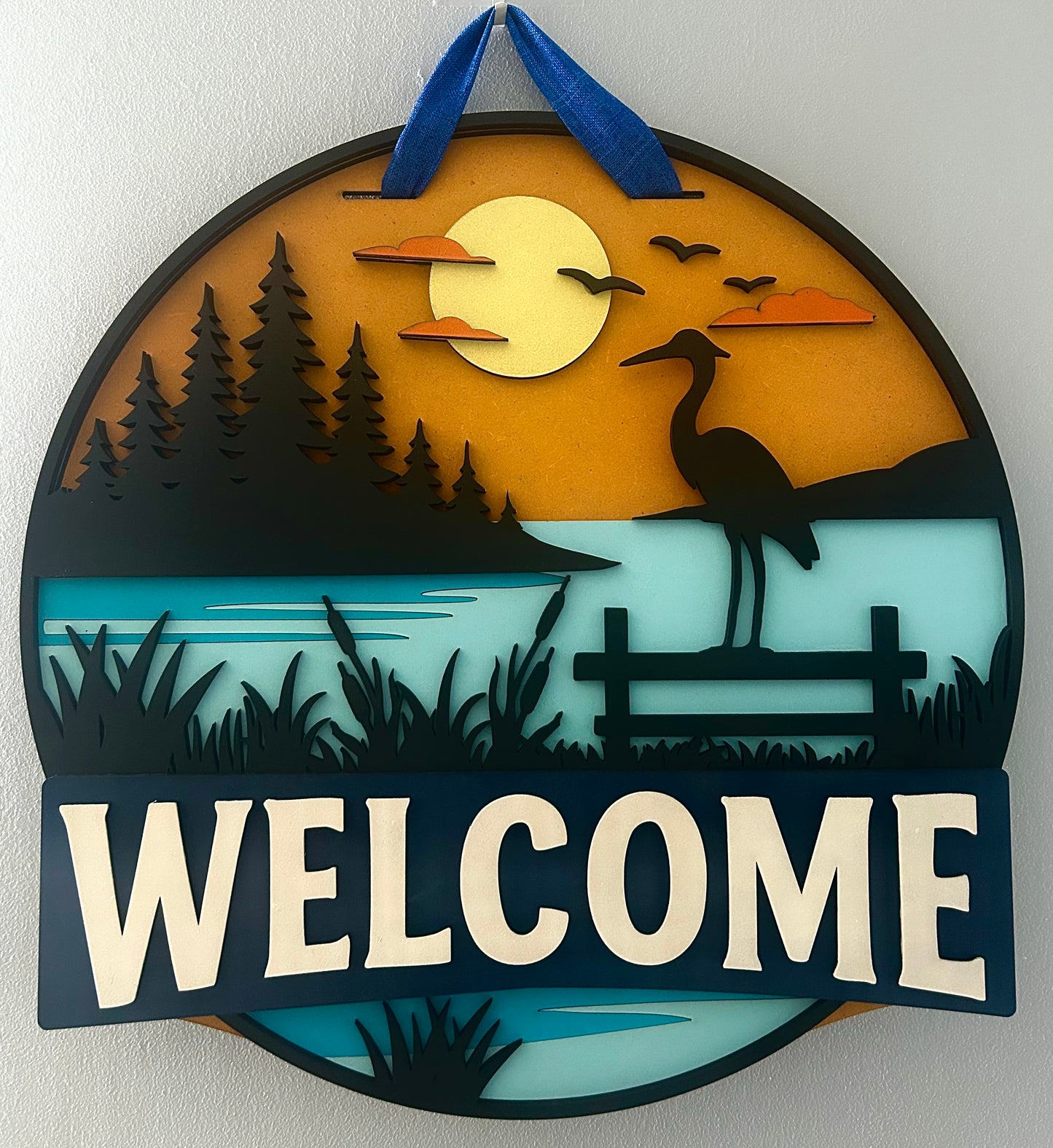 NEW! Sunset Lake Welcome, Handmade 3D 16" Round Decor