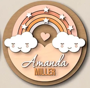 Rainbow Cloud Baby Name, Handmade 3D 16" Wooden Round