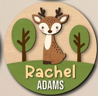 Deer Forest Baby Name, Handmade 4D 16" Wooden Round