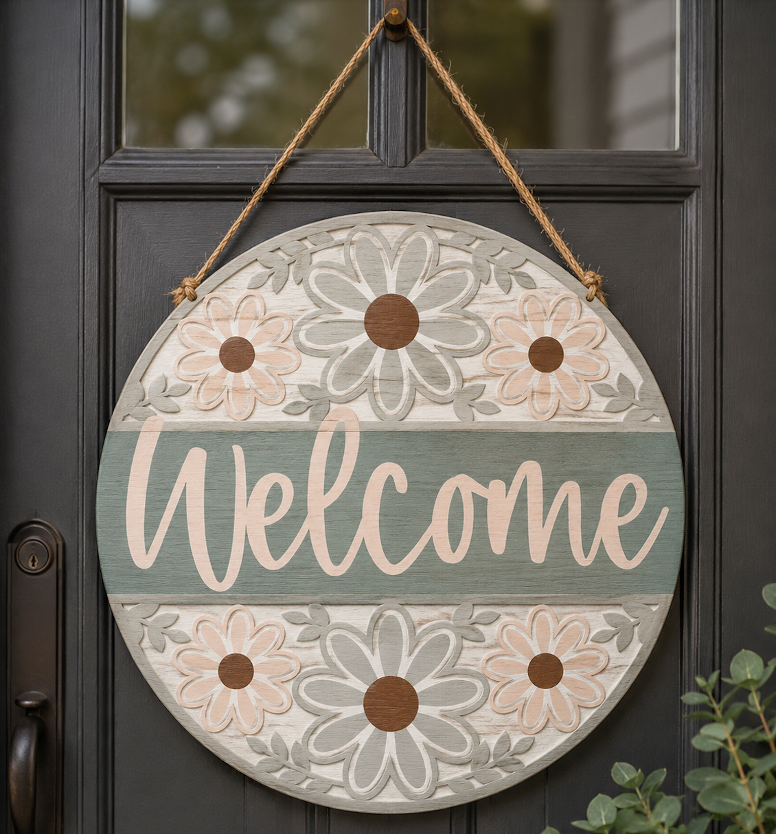 Welcome Floral, Handmade 3D 16" Wooden Round