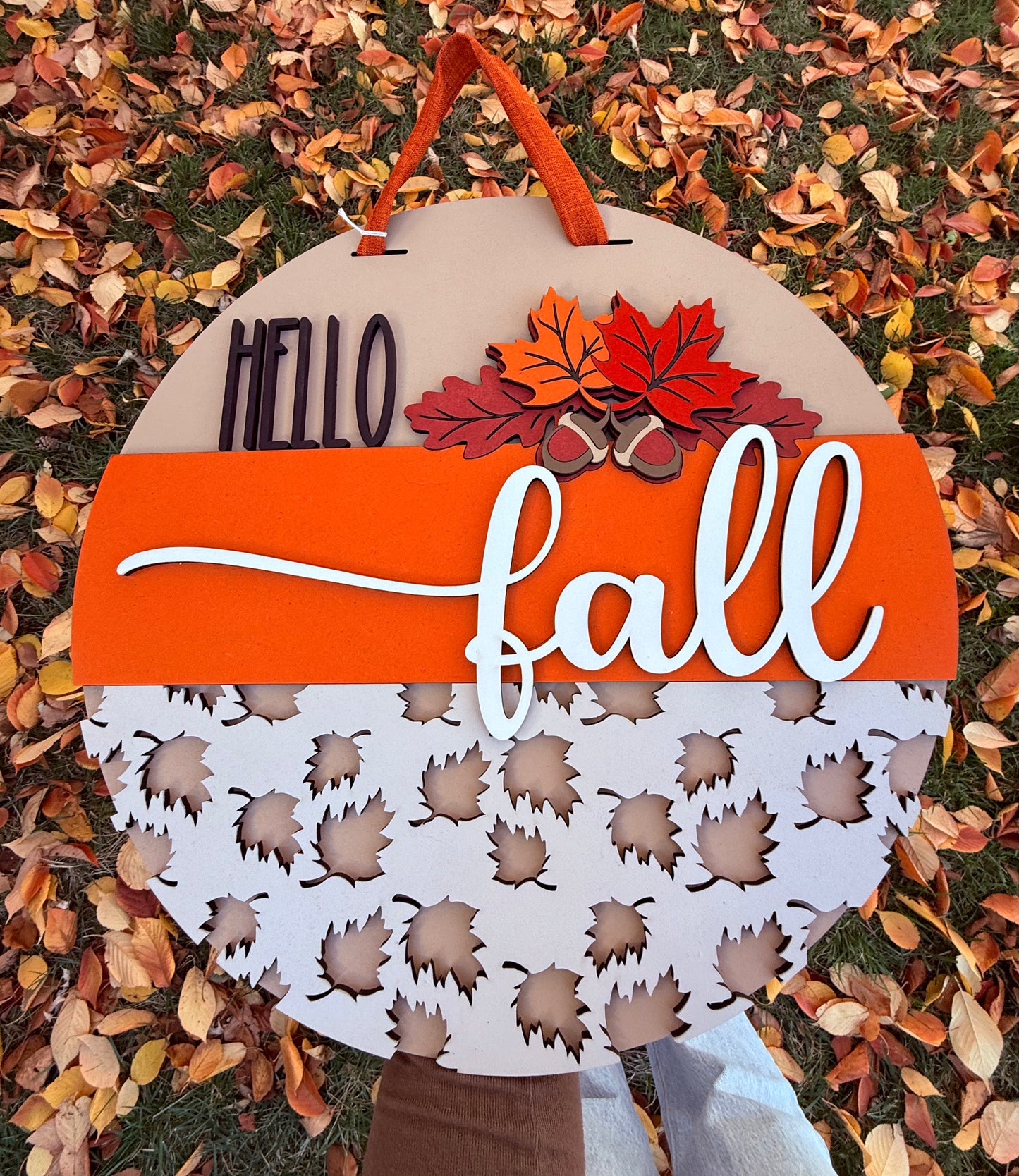 Hello Fall Leaves, Handmade 3D 16" Round Decor
