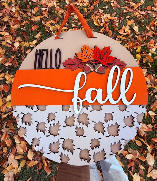 Hello Fall Leaves, Handmade 3D 16" Round Decor
