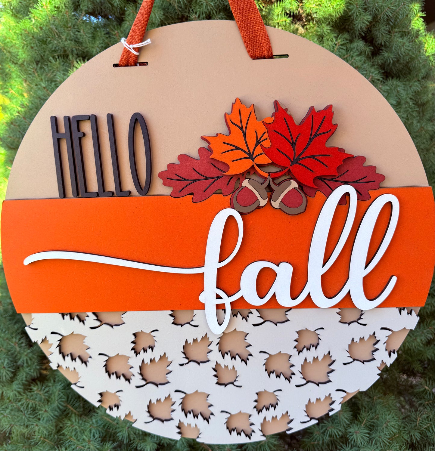 Hello Fall Leaves, Handmade 3D 16" Round Decor