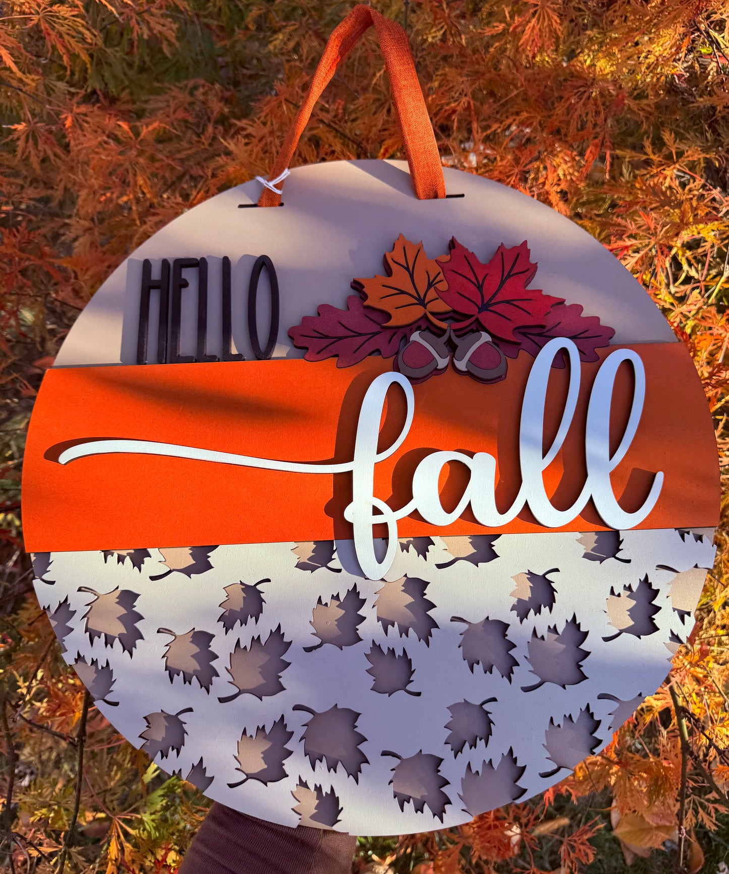 Hello Fall Leaves, Handmade 3D 16" Round Decor