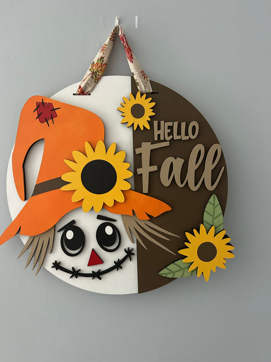Hello Fall Scarecrow, Handmade 3D 16" Round Décor