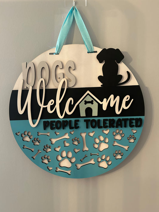 Dogs Welcome Blue, Handmade 3D 16" Round Décor