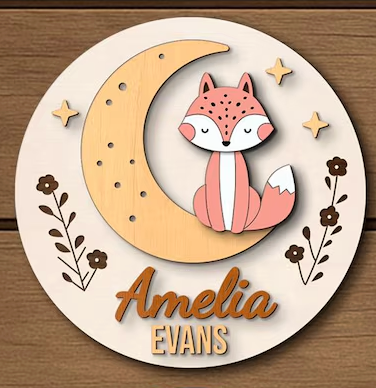 Midnight Fox Baby Name, Handmade 4D 16" Wooden Round