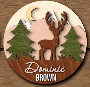 Mountain Deer Baby Name, Handmade 5D 16" Wooden Round