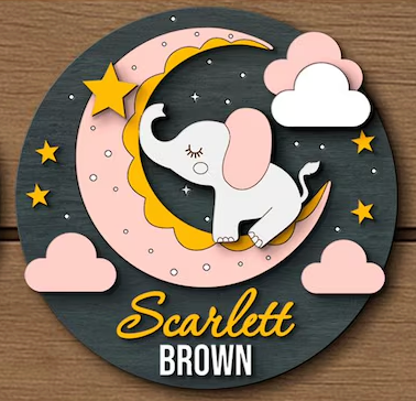 Midnight Elephant Baby Name, Handmade 3D 16" Wooden Round