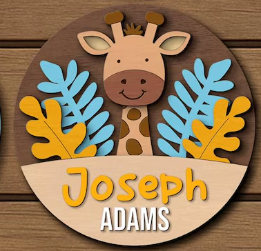 Giraffe Baby Name, Handmade 3D 16" Wooden Round