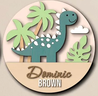 Dinosaur Baby Name, Handmade 5D 16" Wooden Round